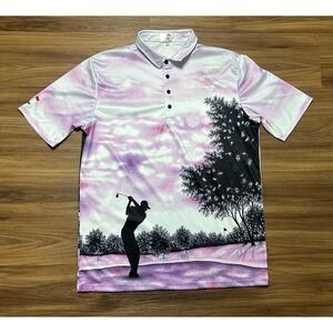 Valentino Dixon "Iron Swing" Dry Fit Golf Polo AOP Shirt Men Sz XL Purple